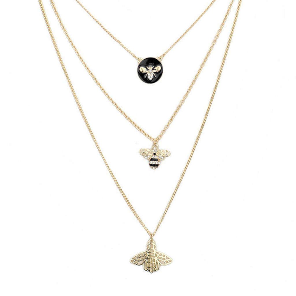 Enamel Rhinestone Honey Bee Pendant Triple Layered Necklace