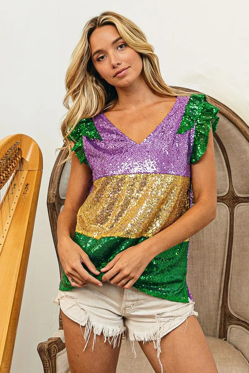 BiBi Mardi Gras Sequin Color Block Ruffled Top For Women Party Glam Shimmer Festive