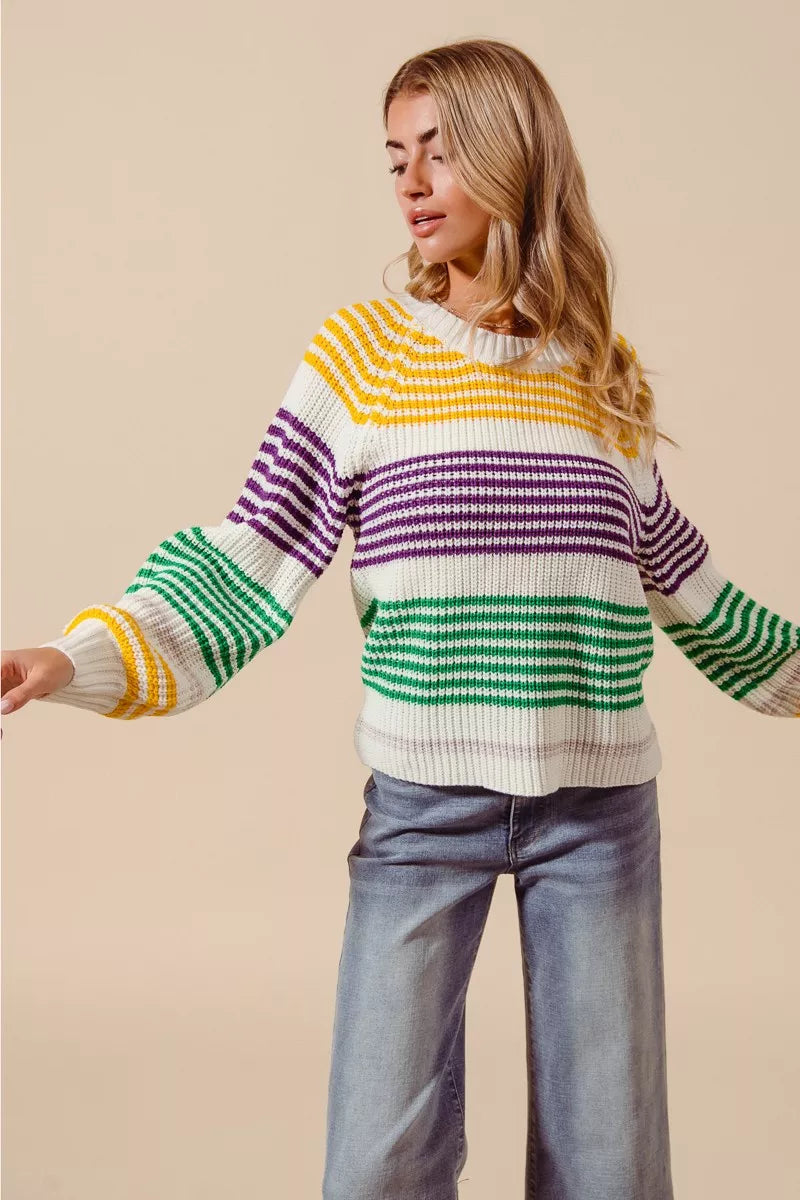 SO ME Mardi Gras Striped Raglan Sweater Top For Women Bold Colors Cozy Knit Giftable Holiday Essential