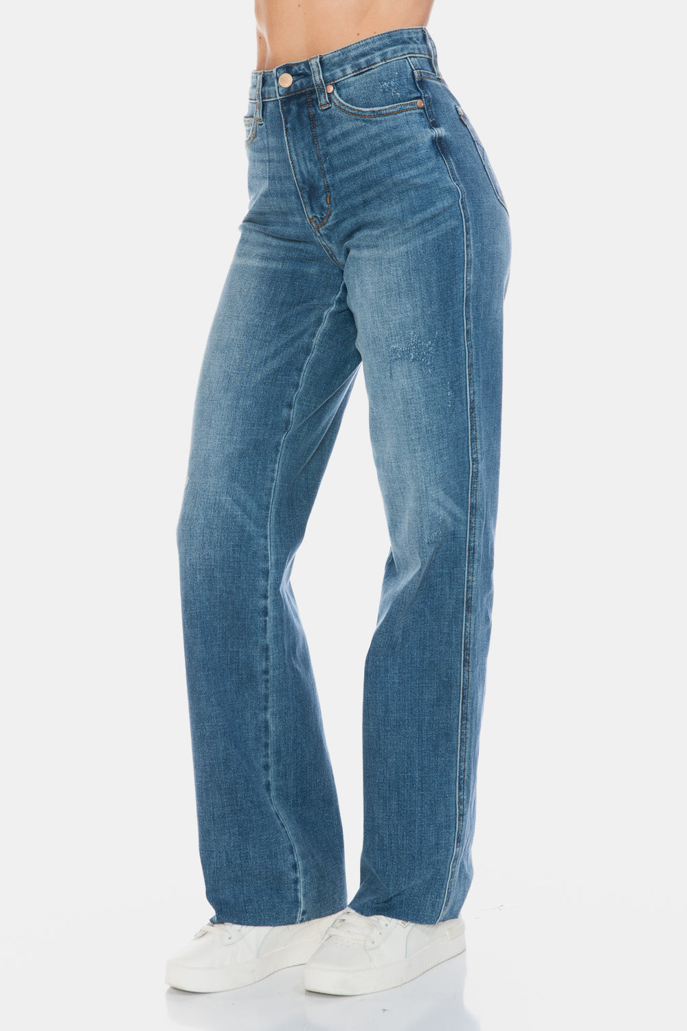 Judy Blue Full Size Tummy Control Jeans With Raw Hem For Flattering Straight Leg Fit Plus Size Women