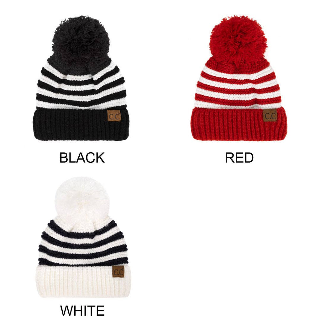 🎅🎄 Candy Cane Cozy! CC Chunky Knit Striped Pom Beanie - Red