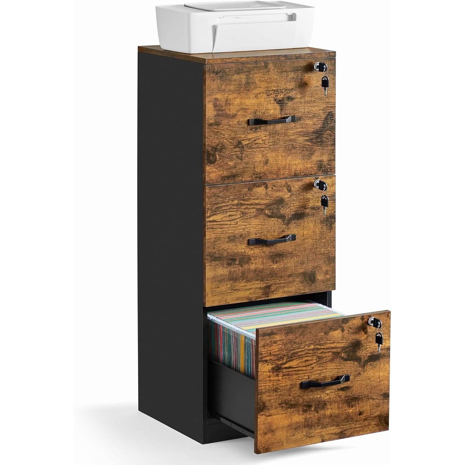 Brown Filing Cabinet With Lock And Printer Stand For Office