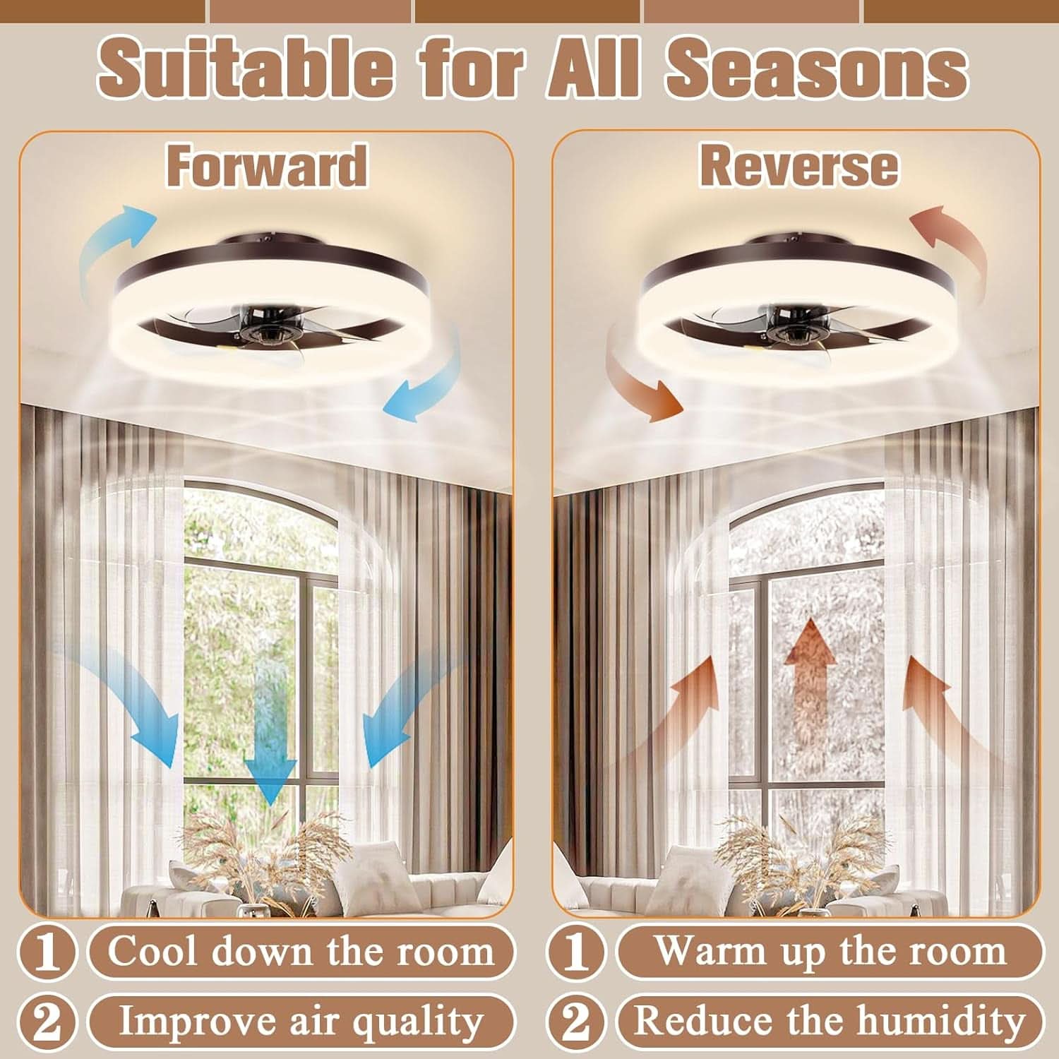 Brown Flush Mount Bladeless Fan Light With Dimmable LED