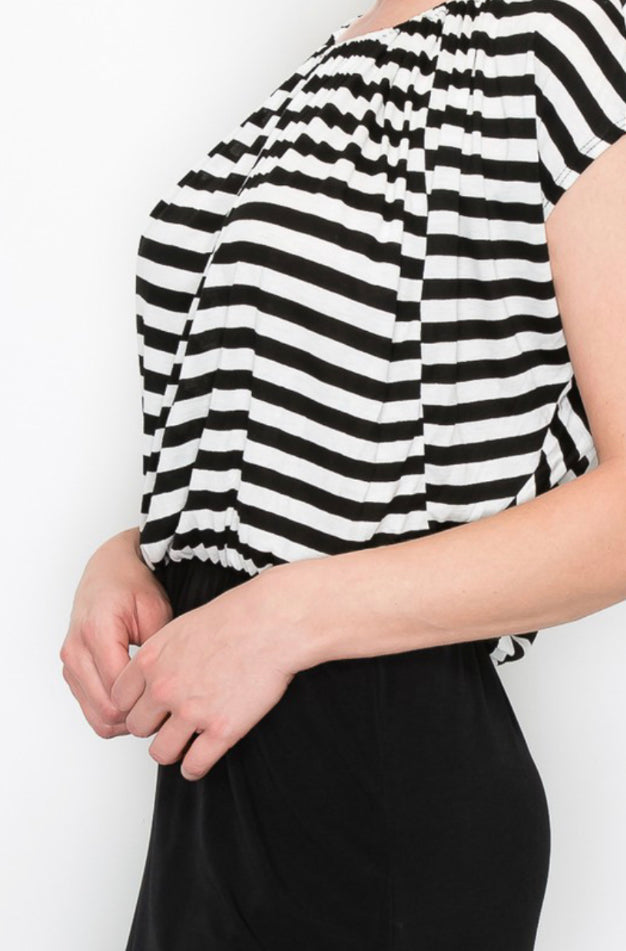 Black & White Striped Top & Full Black Bottomed Maxi Dress