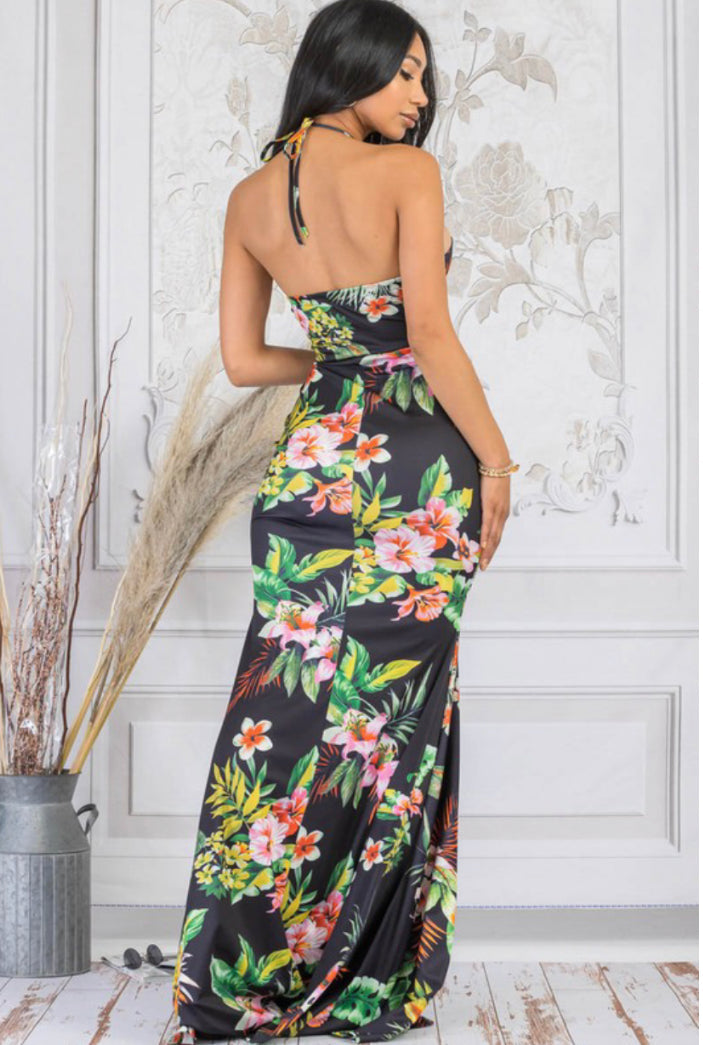Criss Cross Lace Tie Floral Maxi Dress