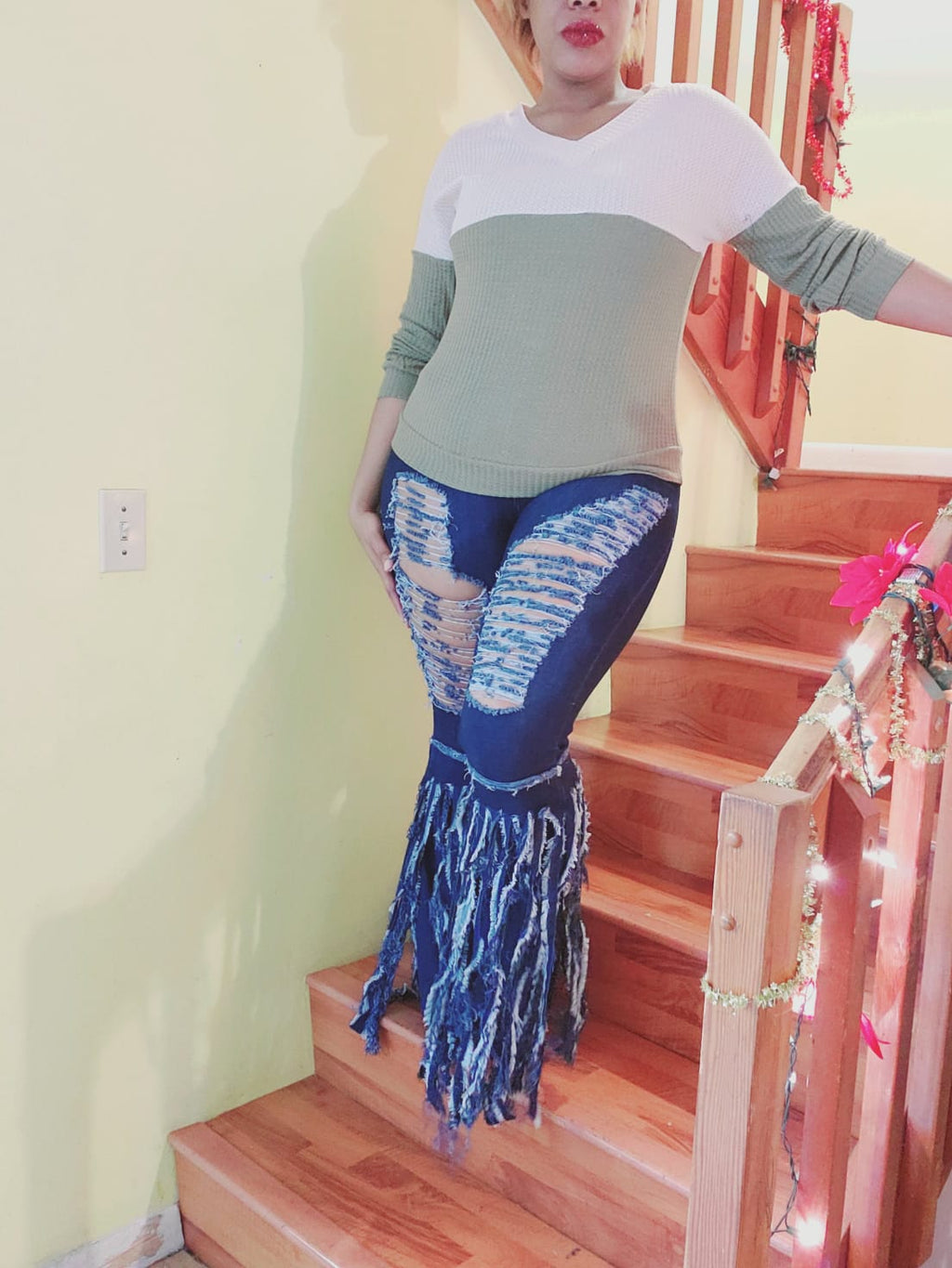 Dark Blue High Rise Frayed Bottom Stretch Jeans