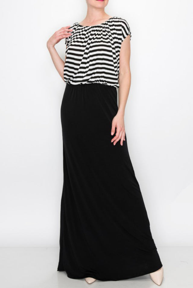 Black & White Striped Top & Full Black Bottomed Maxi Dress