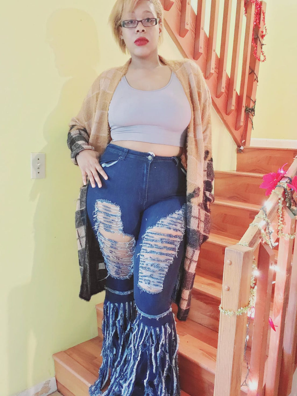 Dark Blue High Rise Frayed Bottom Stretch Jeans