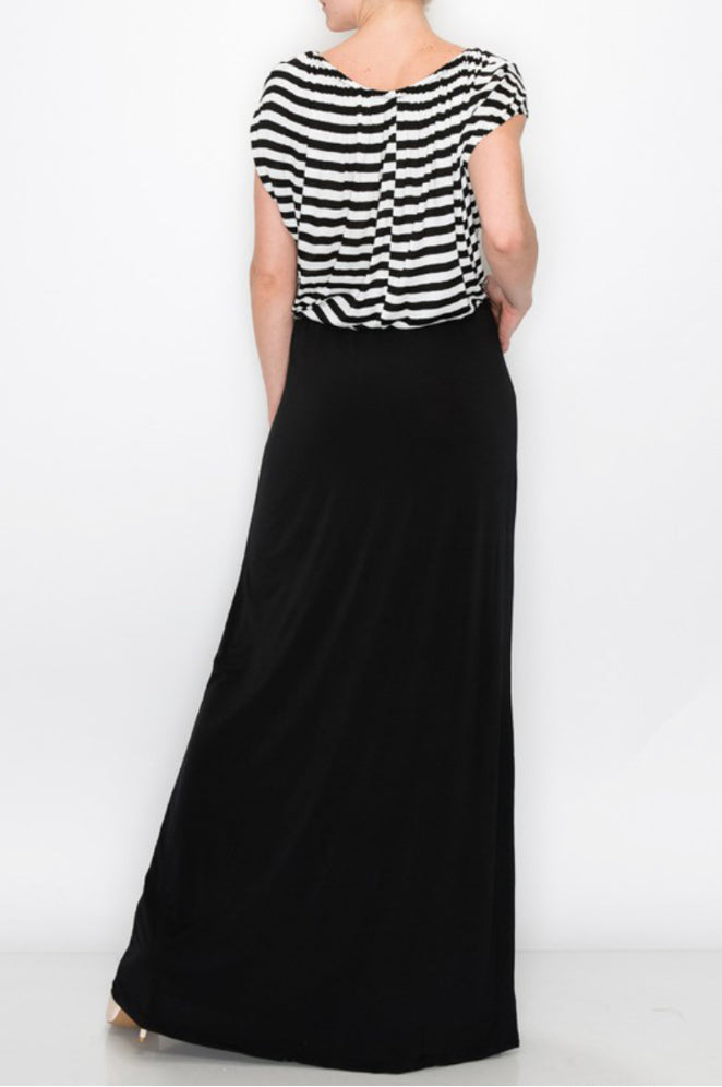 Black & White Striped Top & Full Black Bottomed Maxi Dress