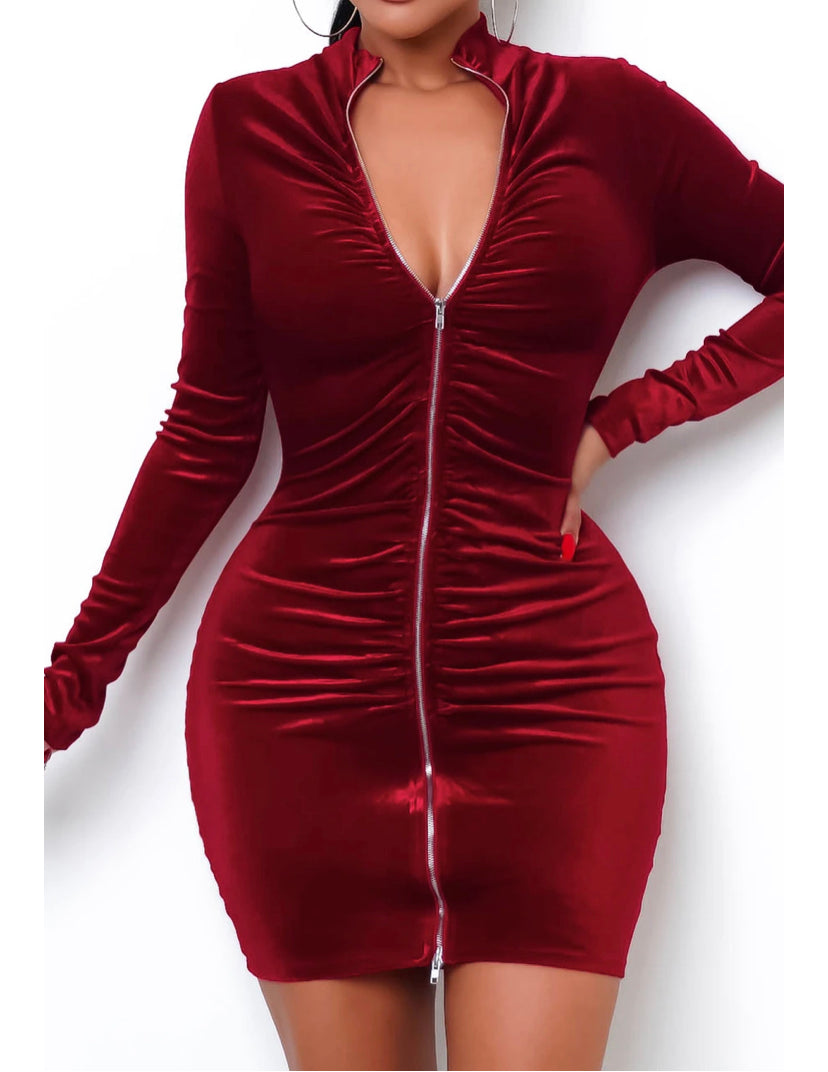 Double Zippered Red Velvet Mini Dress