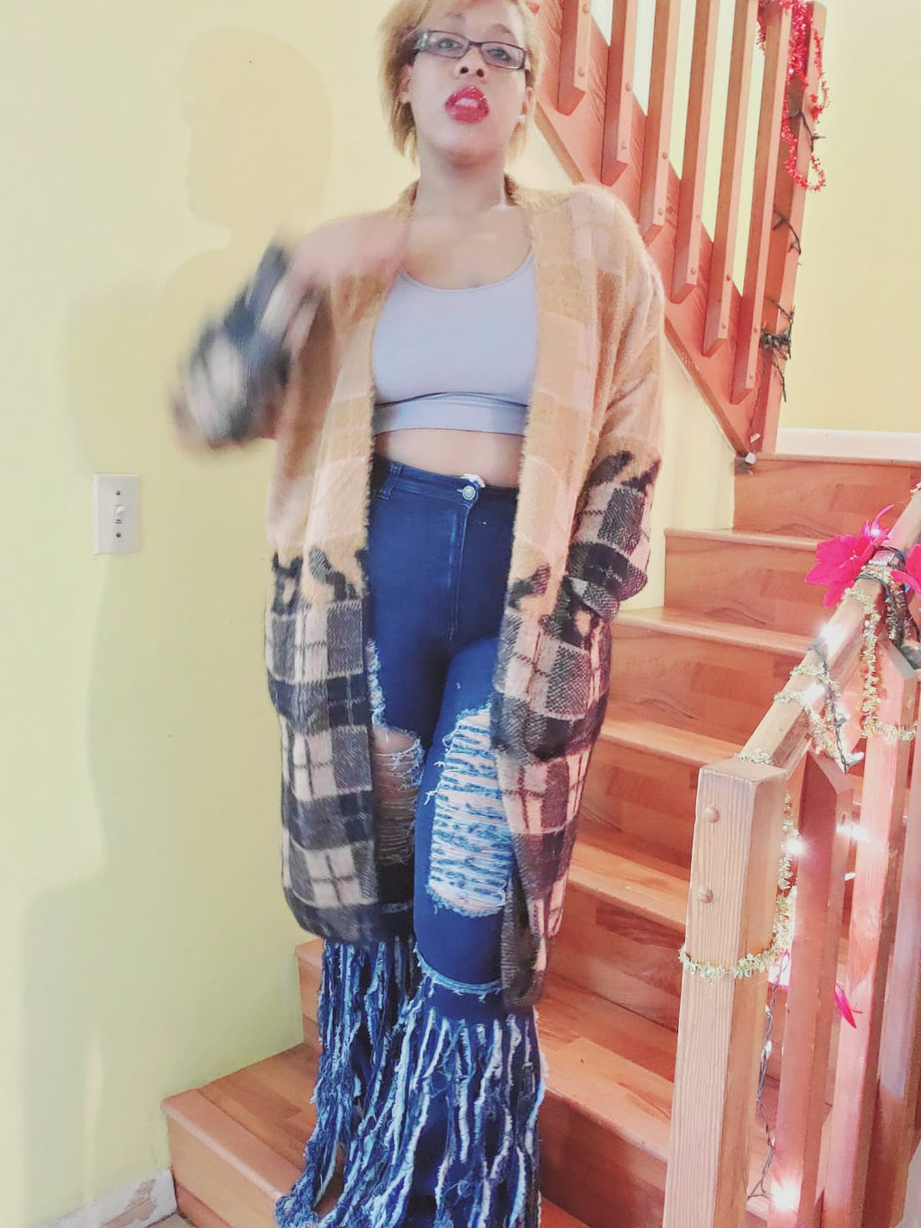 Color Block Plaid Long Cardigan