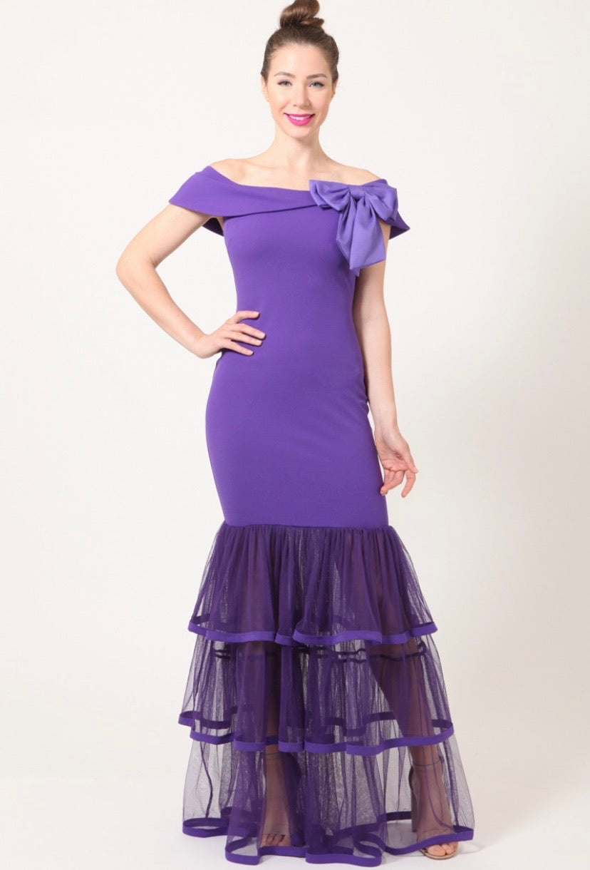 Black Bowtied Bottom Tiered Mesh Ruffled Dress