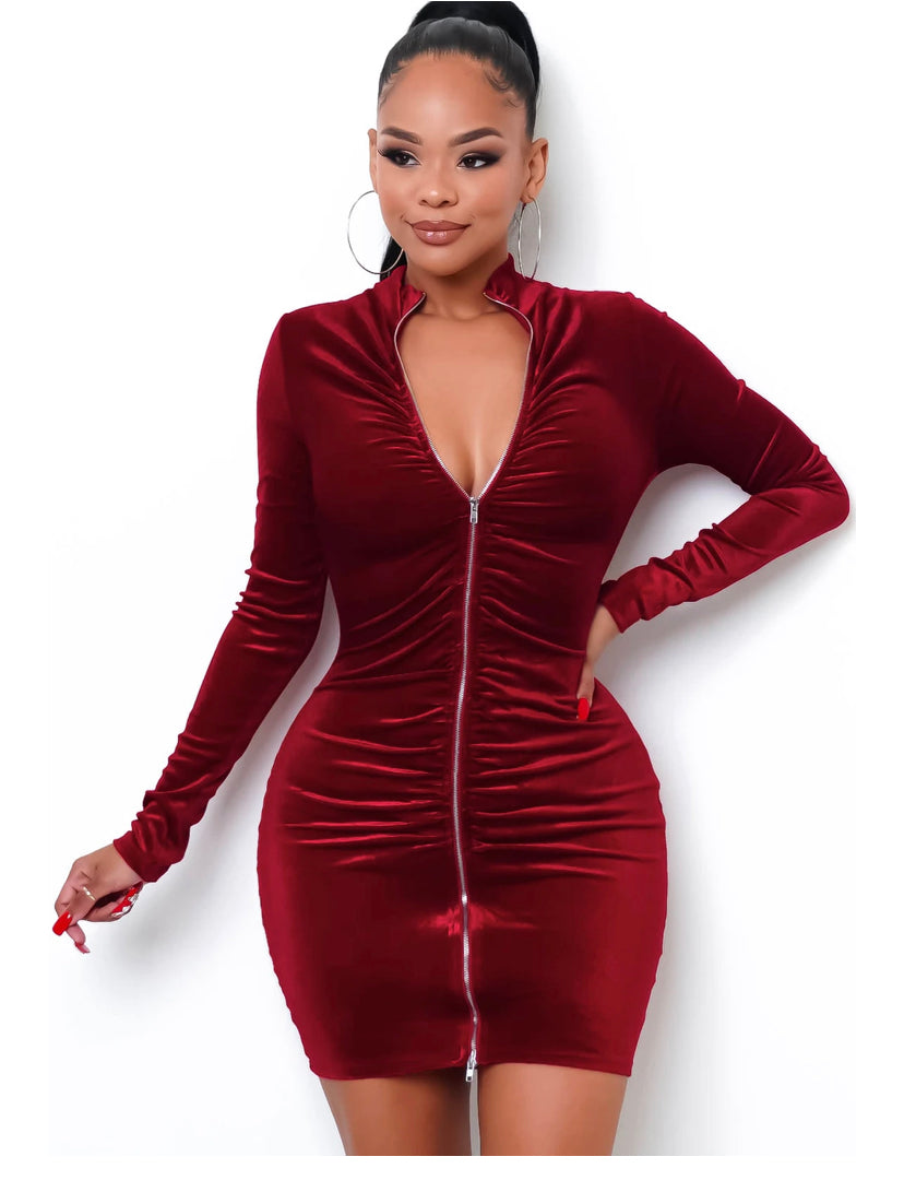 Double Zippered Red Velvet Mini Dress
