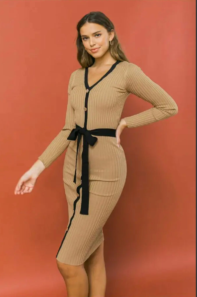 Classy Ribbed Sweater Midi Dress With Tie