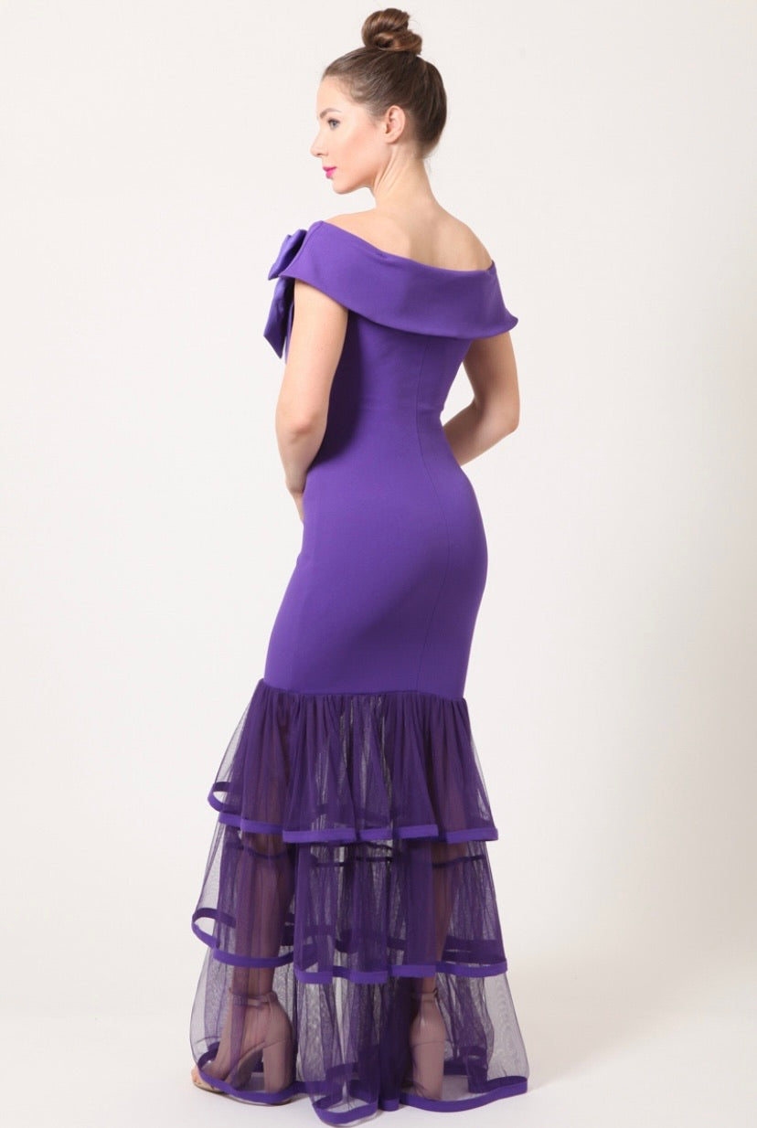 Black Bowtied Bottom Tiered Mesh Ruffled Dress