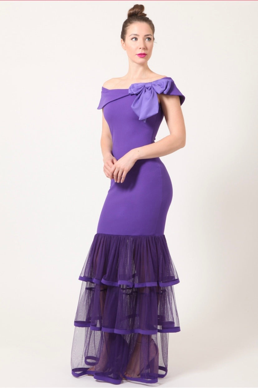 Black Bowtied Bottom Tiered Mesh Ruffled Dress