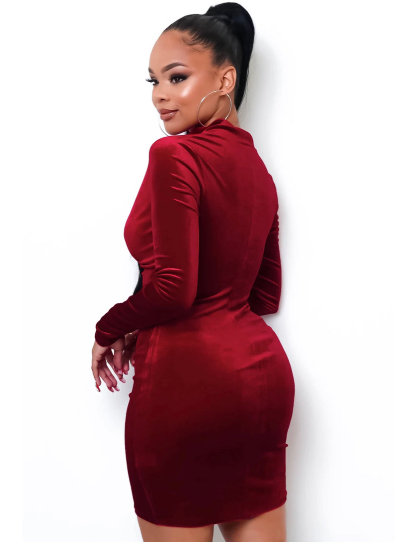 Double Zippered Red Velvet Mini Dress