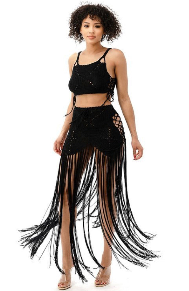Crochet Fringe Swimwear Skirt Set