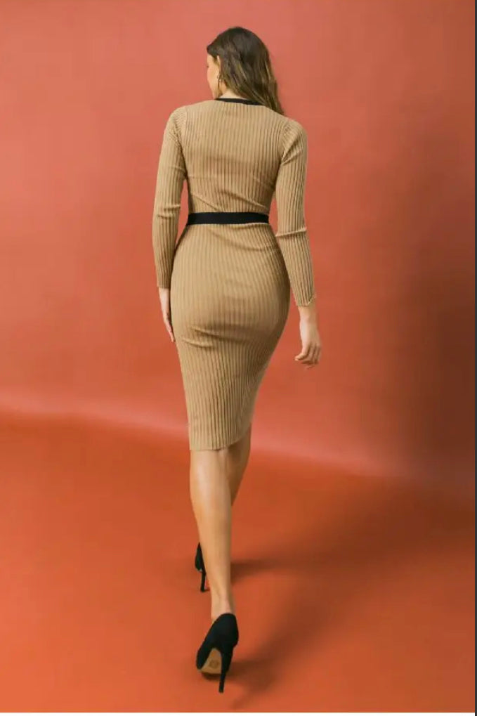 Classy Ribbed Sweater Midi Dress With Tie