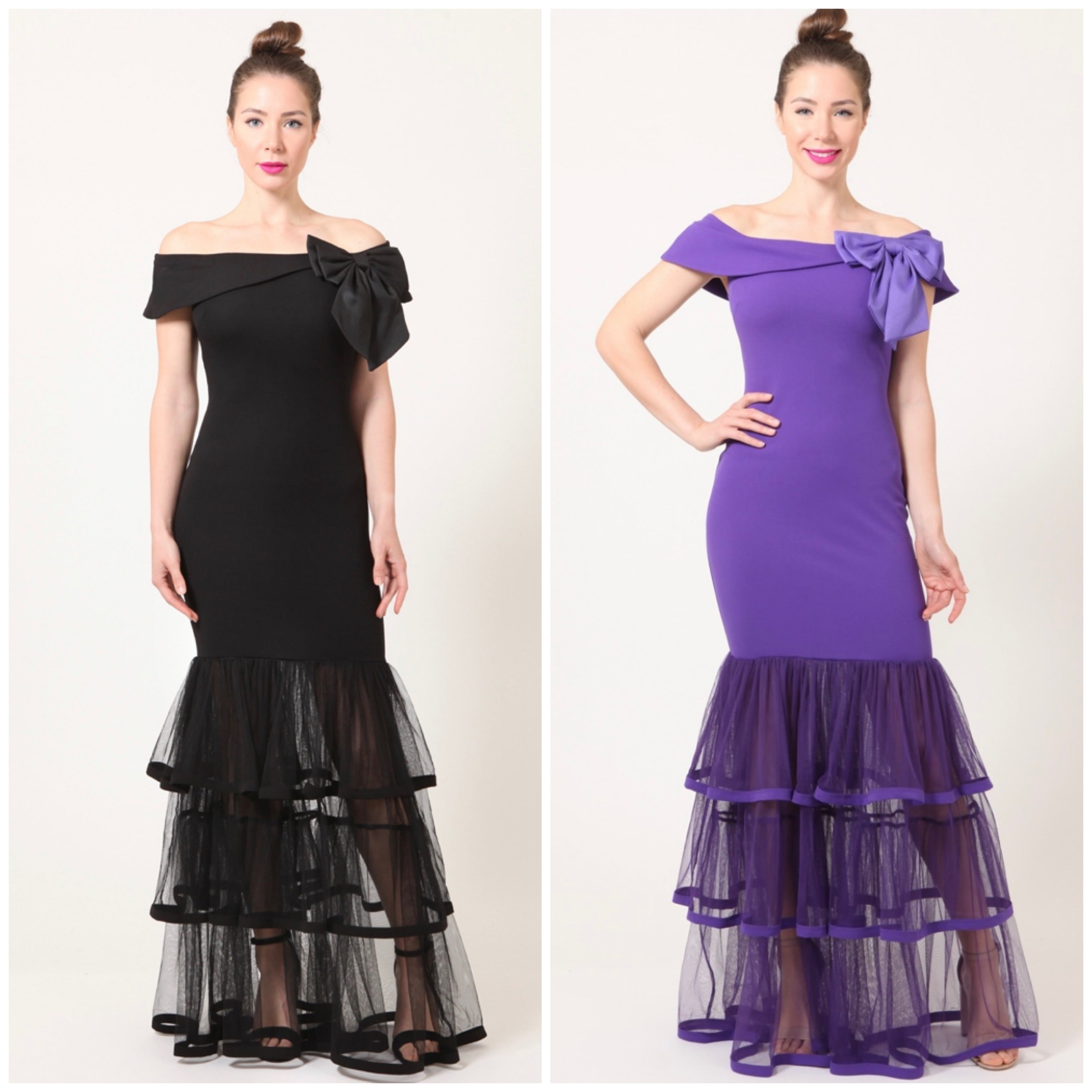 Black Bowtied Bottom Tiered Mesh Ruffled Dress