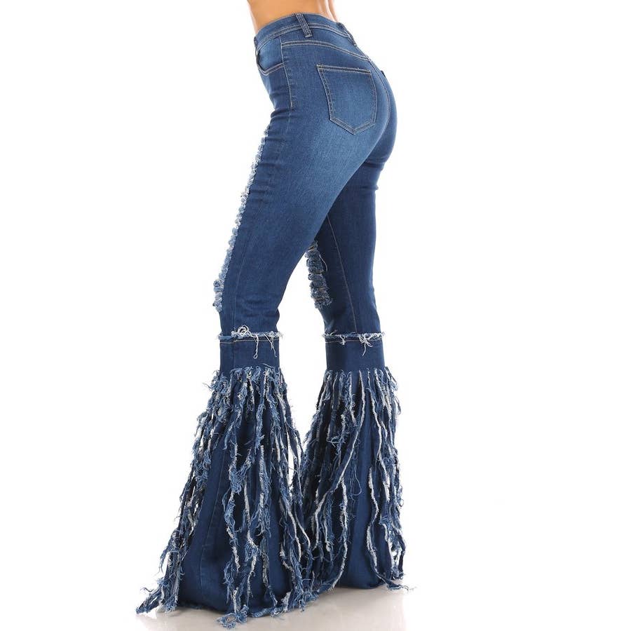 Dark Blue High Rise Frayed Bottom Stretch Jeans