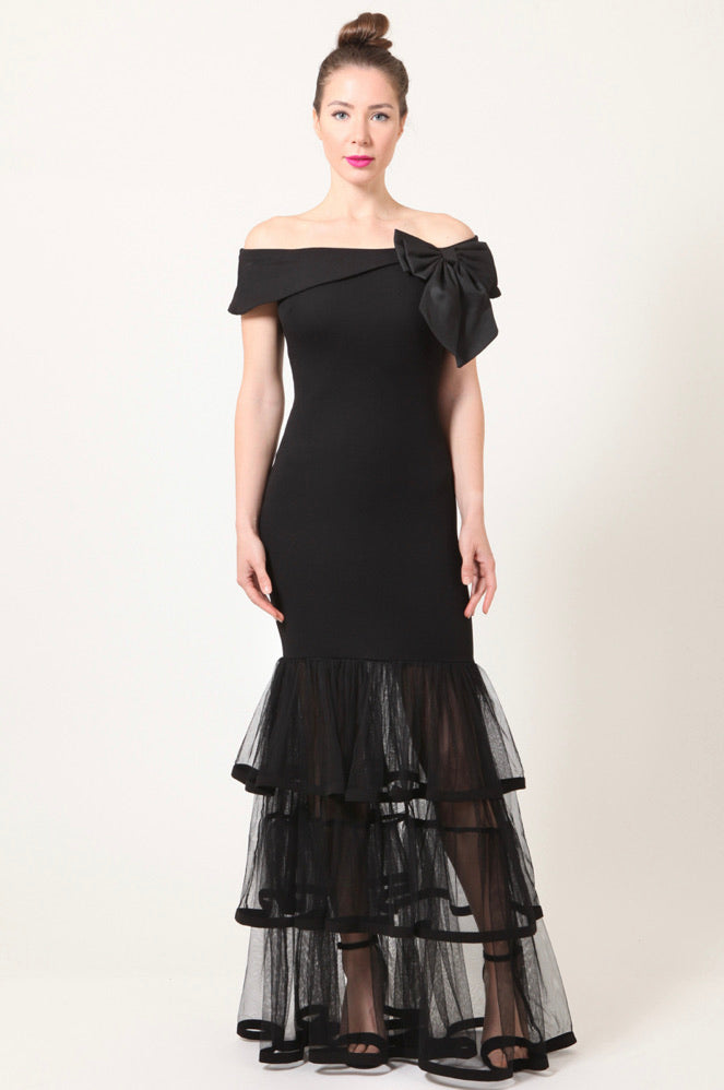 Black Bowtied Bottom Tiered Mesh Ruffled Dress