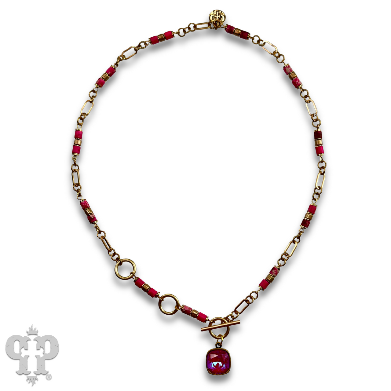 Cylinder stone linked bead with toggle closure and Austrian crystal necklace - LC