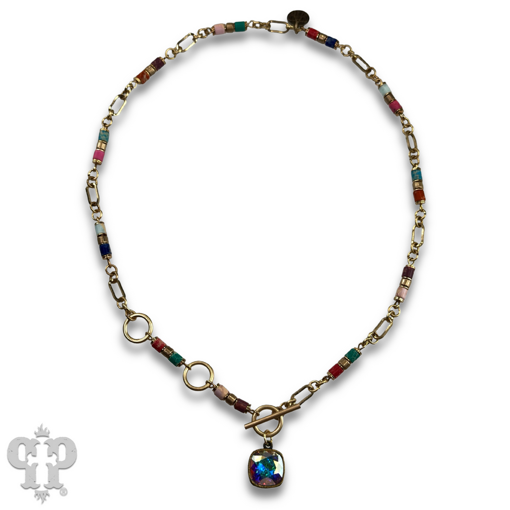 Cylinder stone linked bead with toggle closure and Austrian crystal necklace - LC