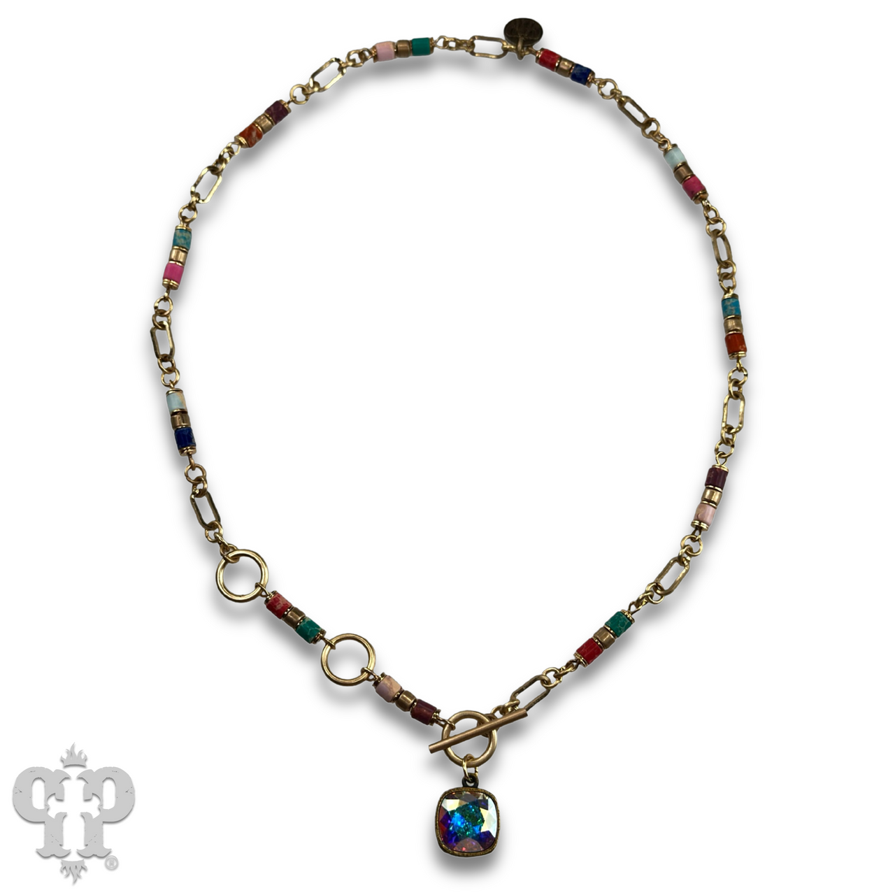 Cylinder stone linked bead with toggle closure and Austrian crystal necklace - LC