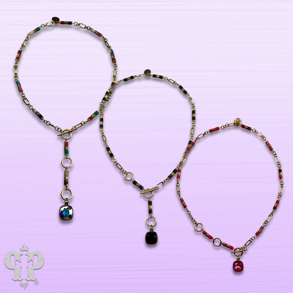 Cylinder stone linked bead with toggle closure and Austrian crystal necklace - LC
