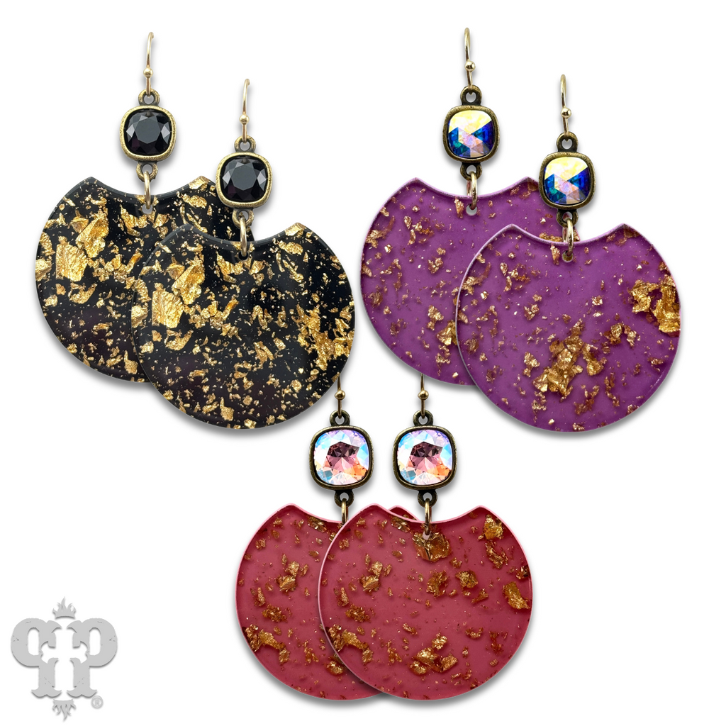 Acrylic disc earring with gold flecks and Austrian crystal - last call