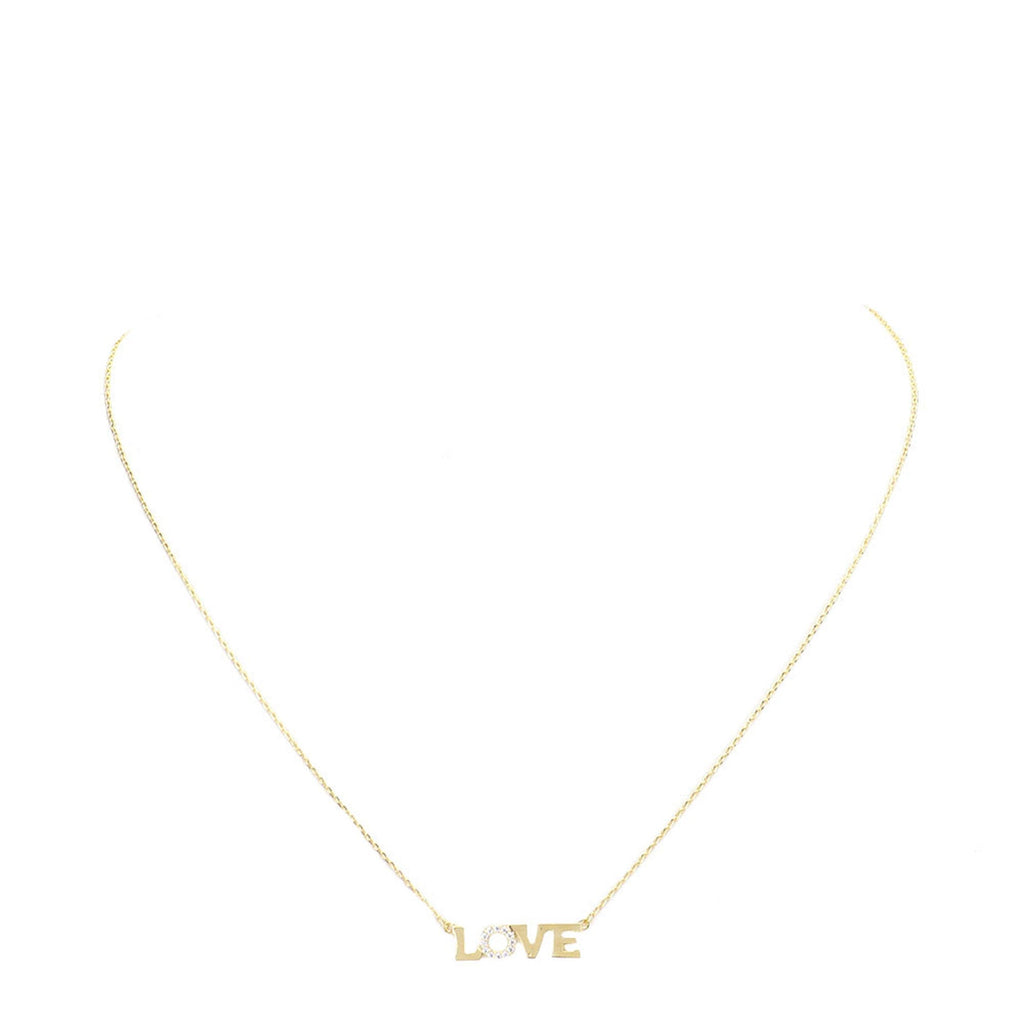 LOVE Rhinestone Embellished Brass Metal Message Pendant Necklace