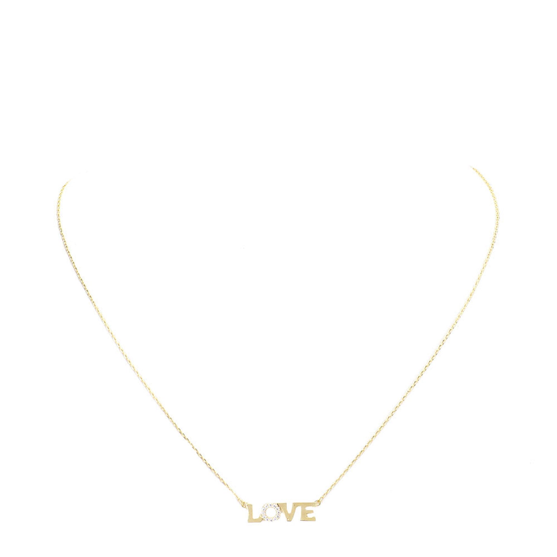 LOVE Rhinestone Embellished Brass Metal Message Pendant Necklace
