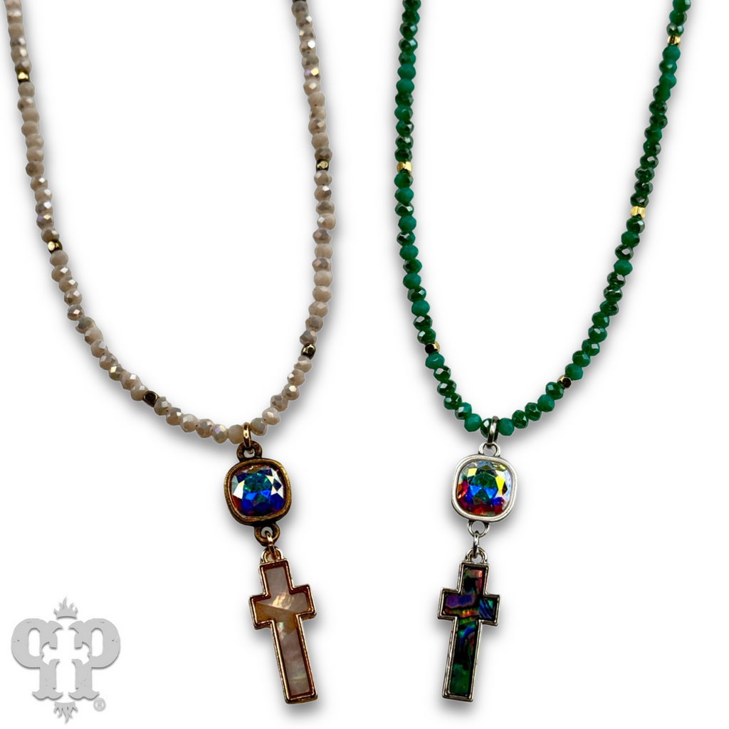 Pearl finish cross charm necklace with Austrian crystal