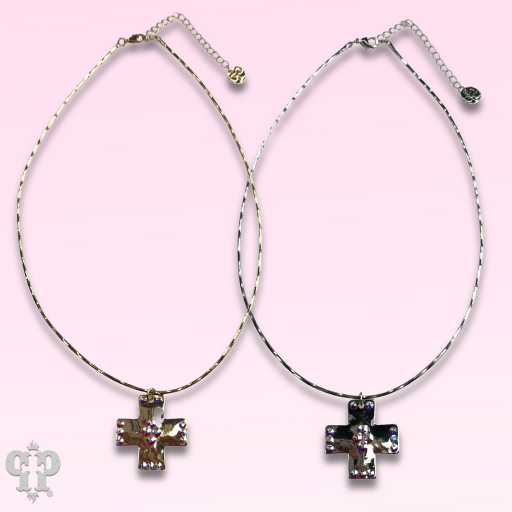 Shiny square cross necklace with Austrian crystals