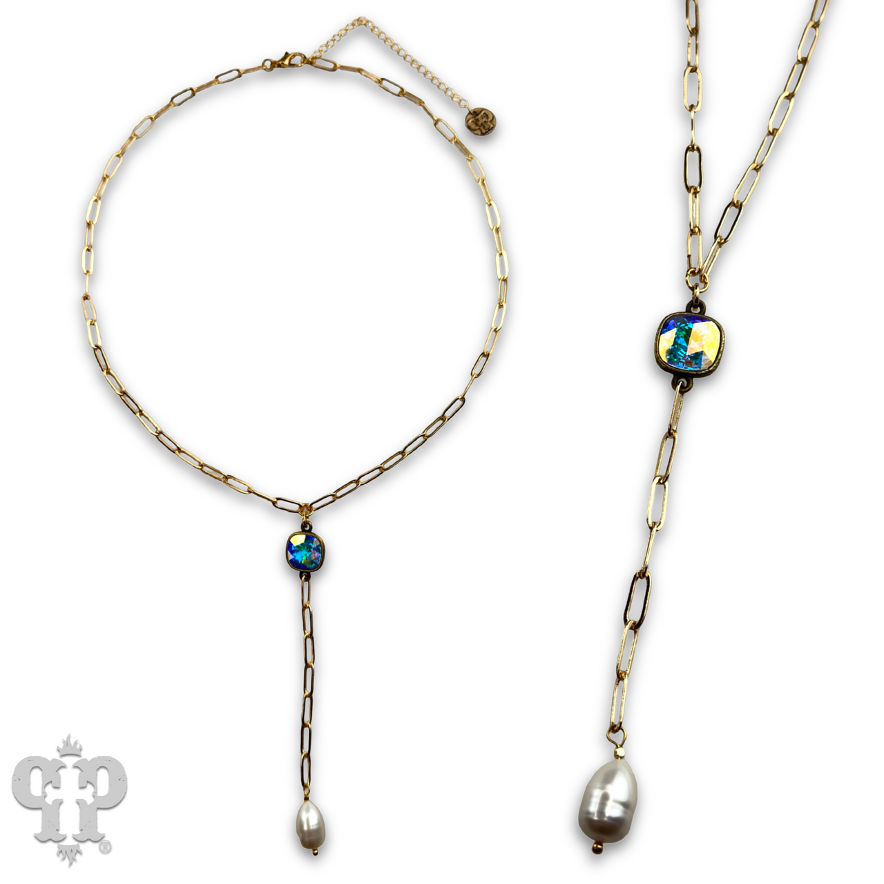 Pearl drop chain necklace with Austrian crystal