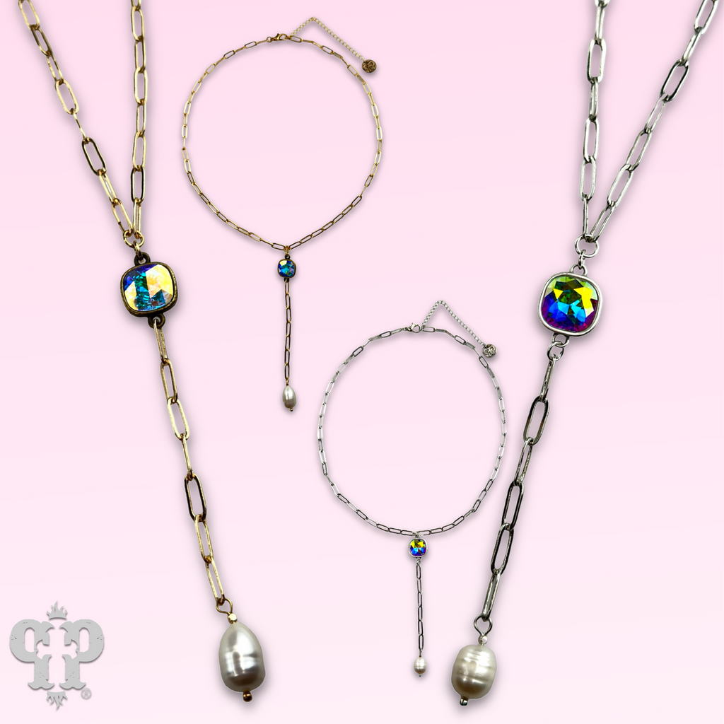 Pearl drop chain necklace with Austrian crystal