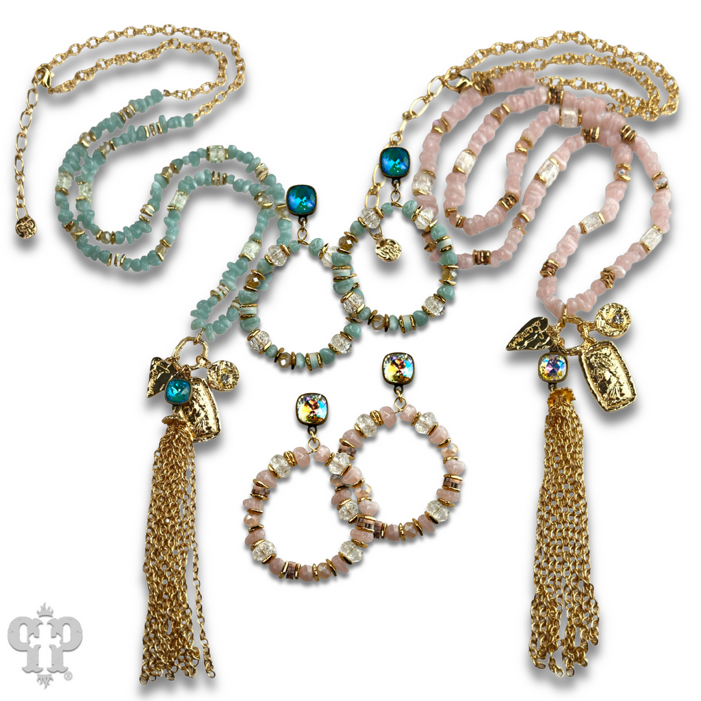 Bead chip and charm necklace with Austrian crystal