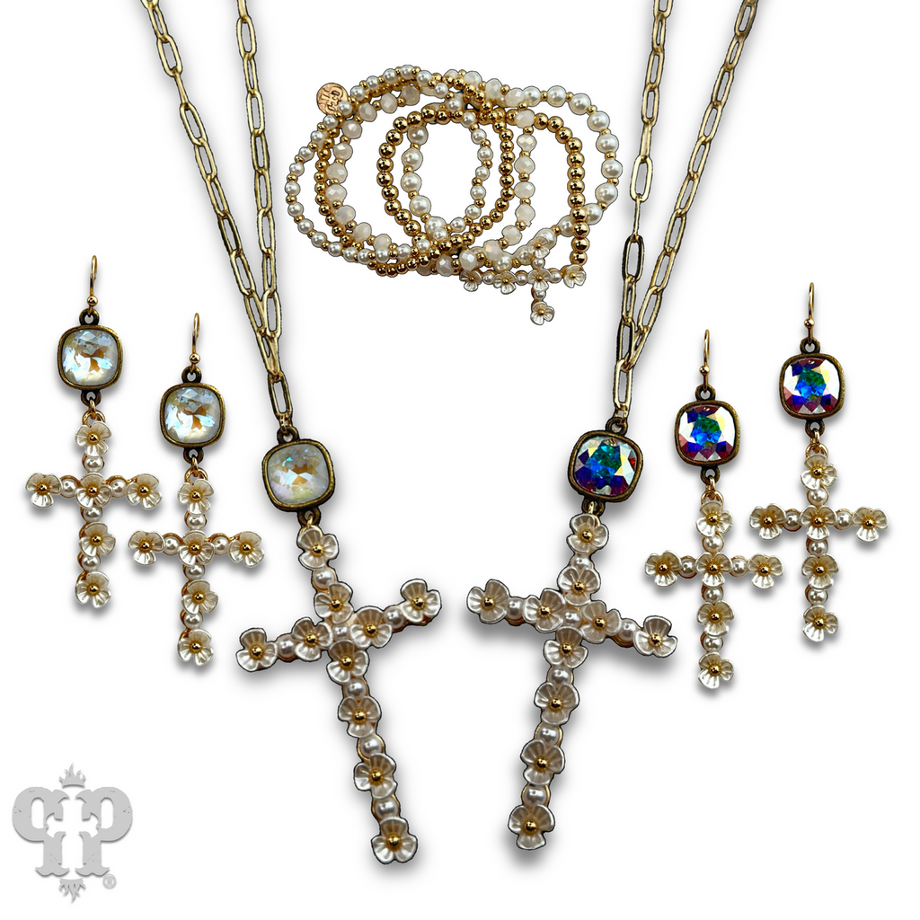 Flower cross necklace with Austrian crystal