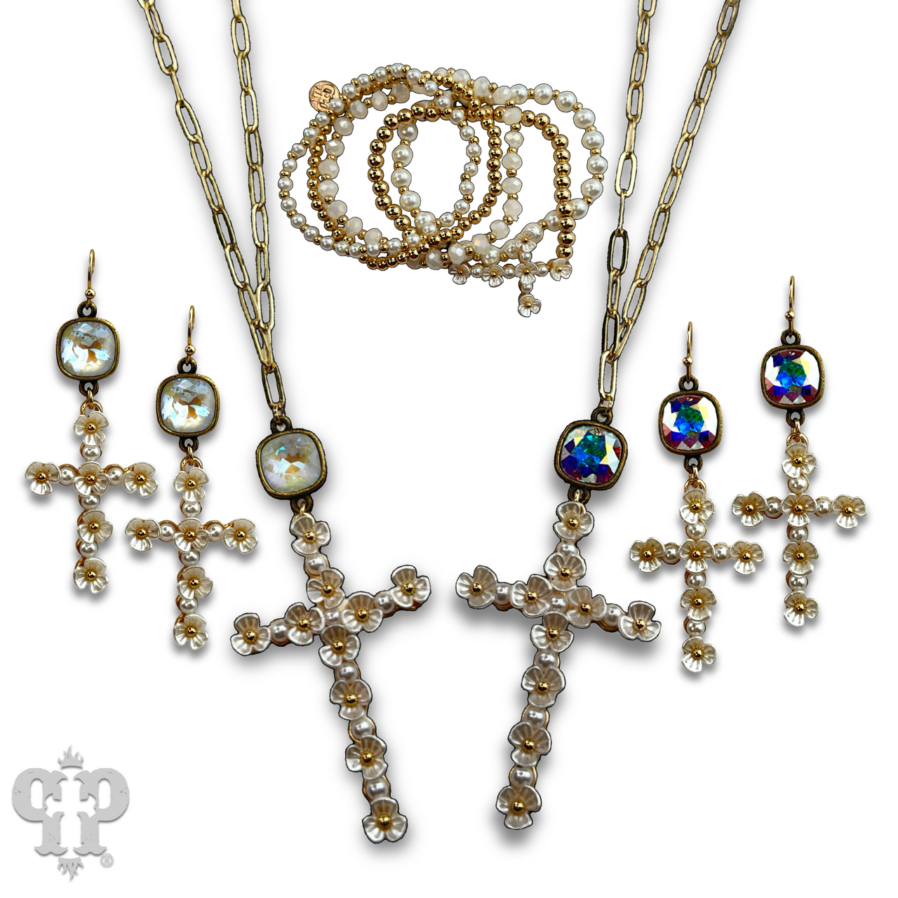 Flower cross necklace with Austrian crystal