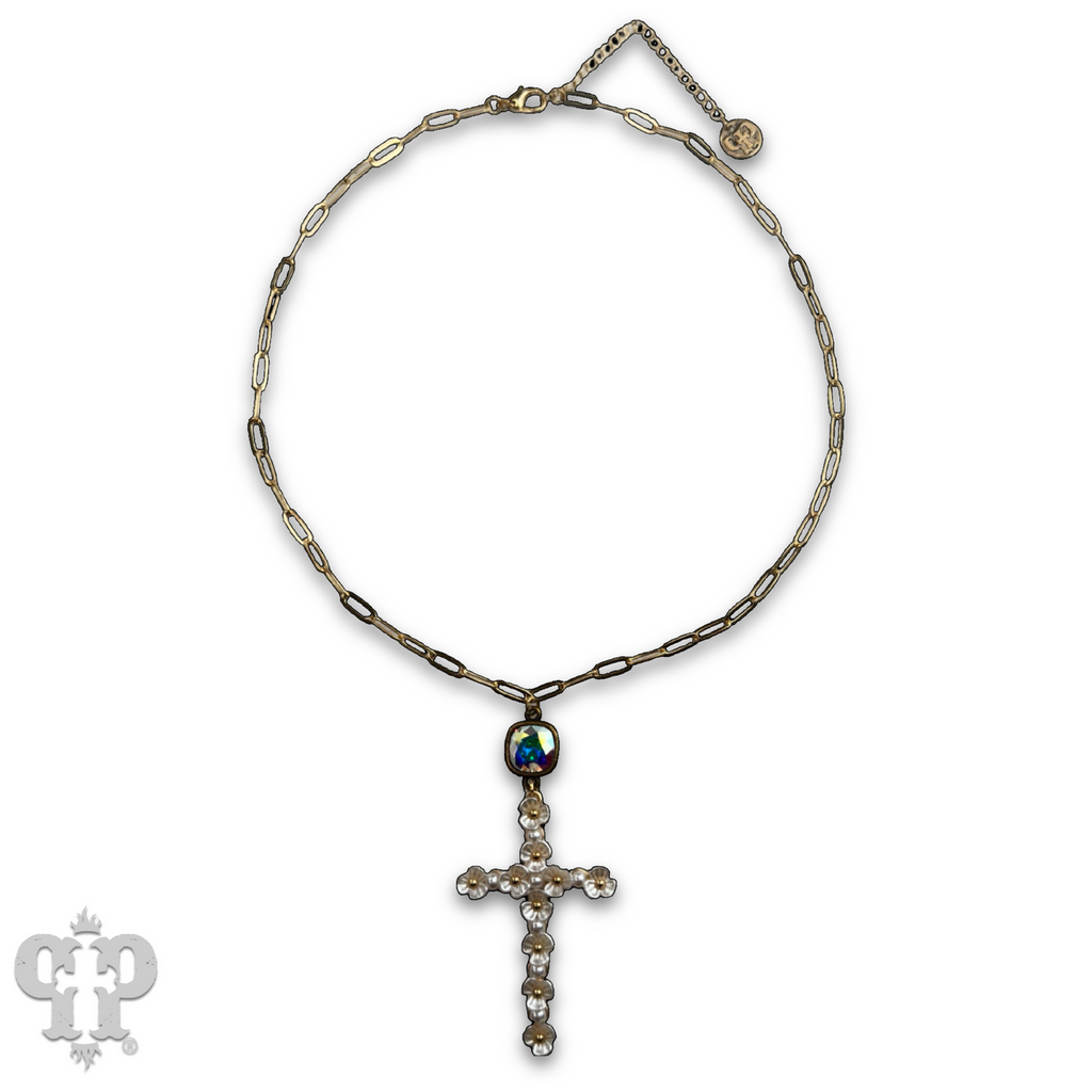 Flower cross necklace with Austrian crystal