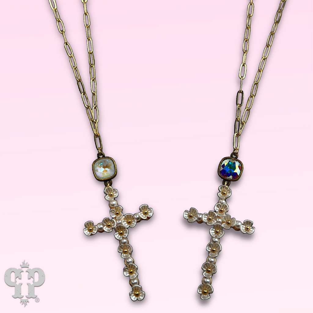 Flower cross necklace with Austrian crystal