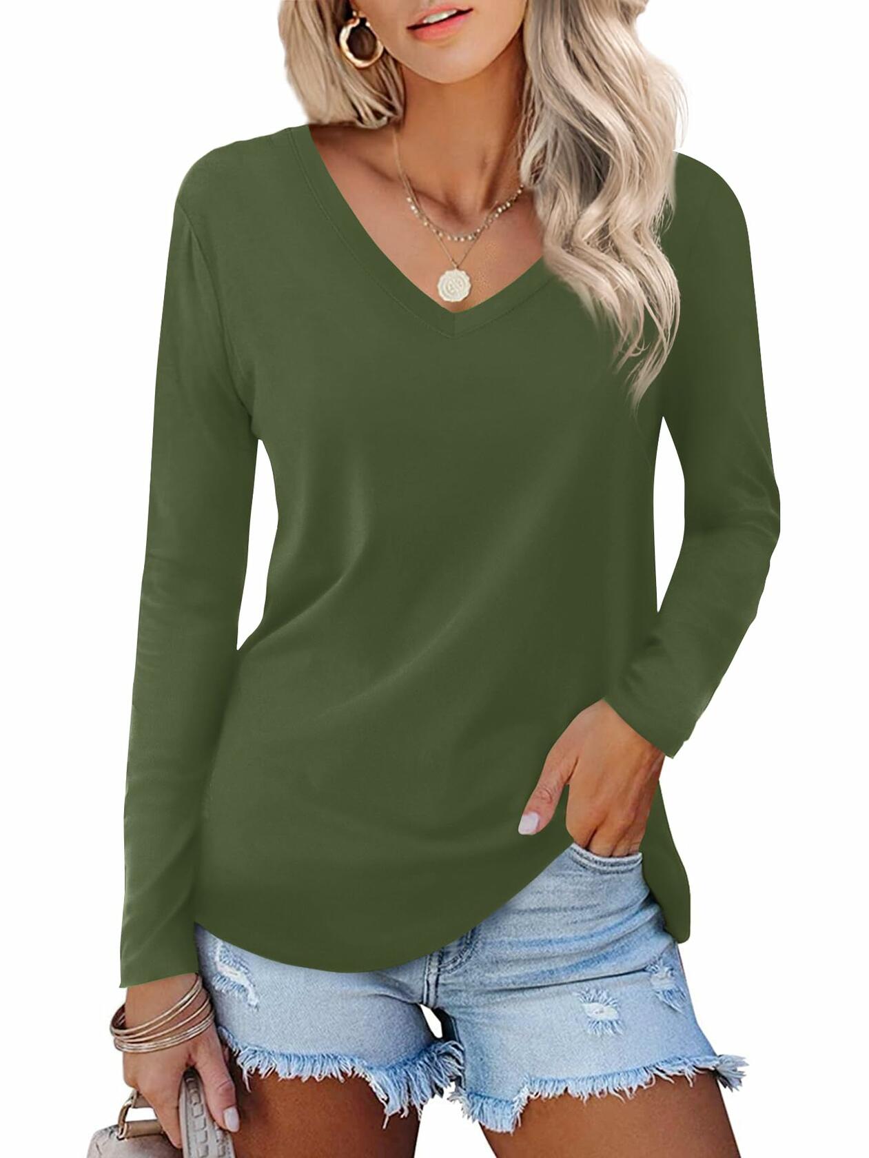 DittyandVibe Womens Long Sleeve V Neck Shirt Olive Green Size L