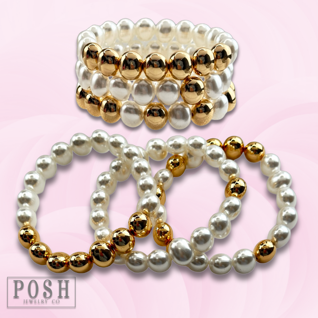 Pearl and gold oval bead bracelet set