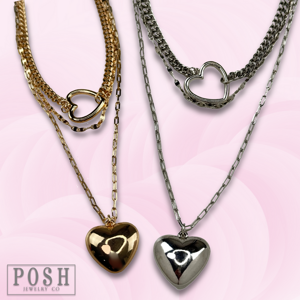 Three strand puffed heart charm necklace