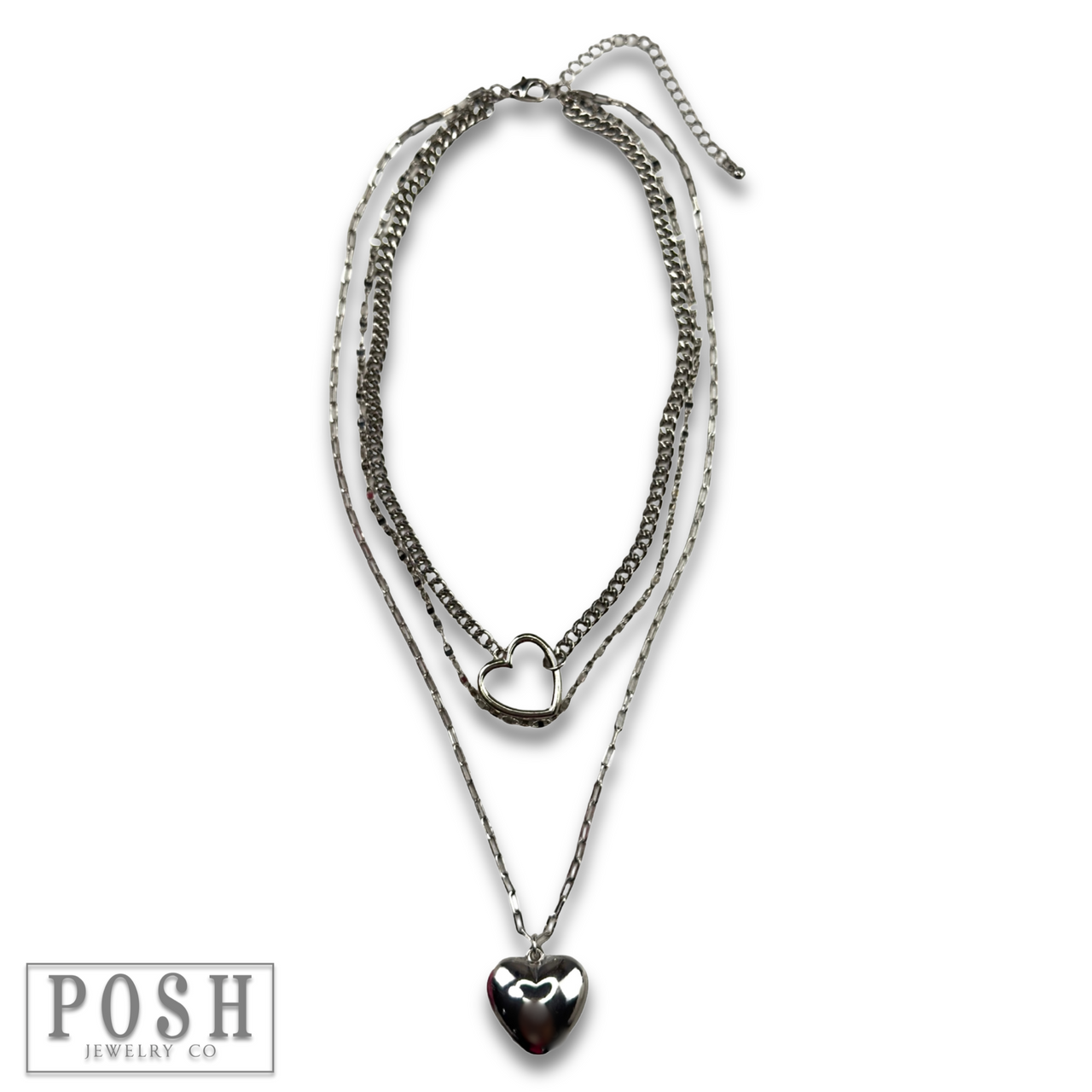 Three strand puffed heart charm necklace