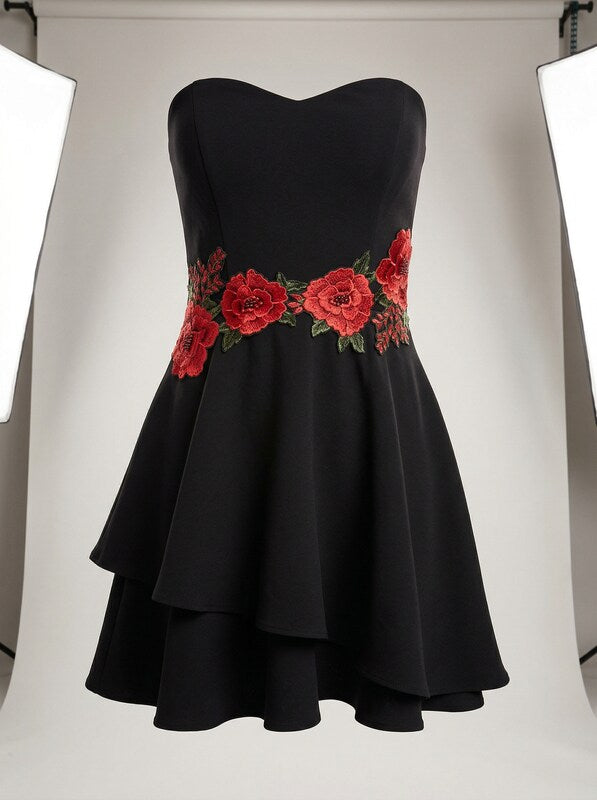 B Darlin Juniors Embroidered Strapless Fit and Flare Dress, Black, Size 15/16